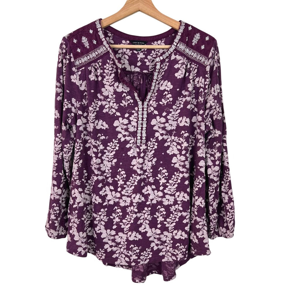 Lucky Brand Womens 1X Purple Floral Embroidered Peasant Blouse Long Sleeve Top